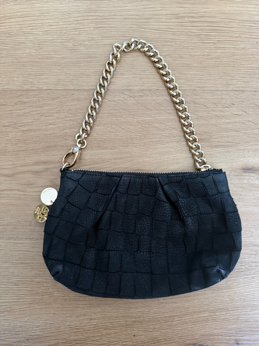 Henri Bendel Black Leather & Gold Classic Clutch with Purple Lining Small